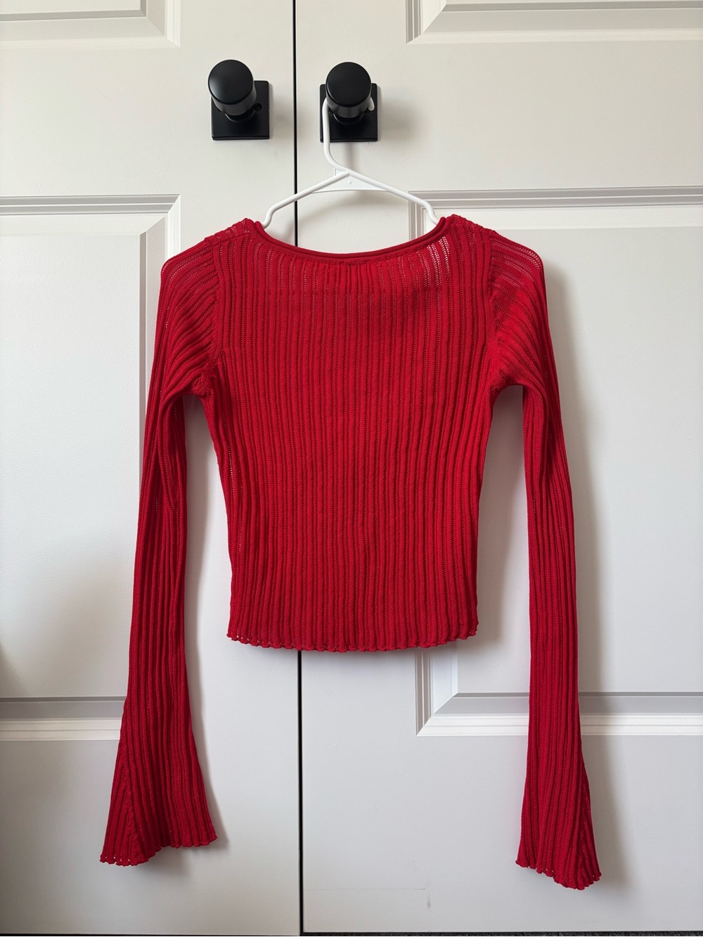 Princess Polly Red Ribbed Tie-Front Long Sleeve Crop Top - Picture 2 of 2